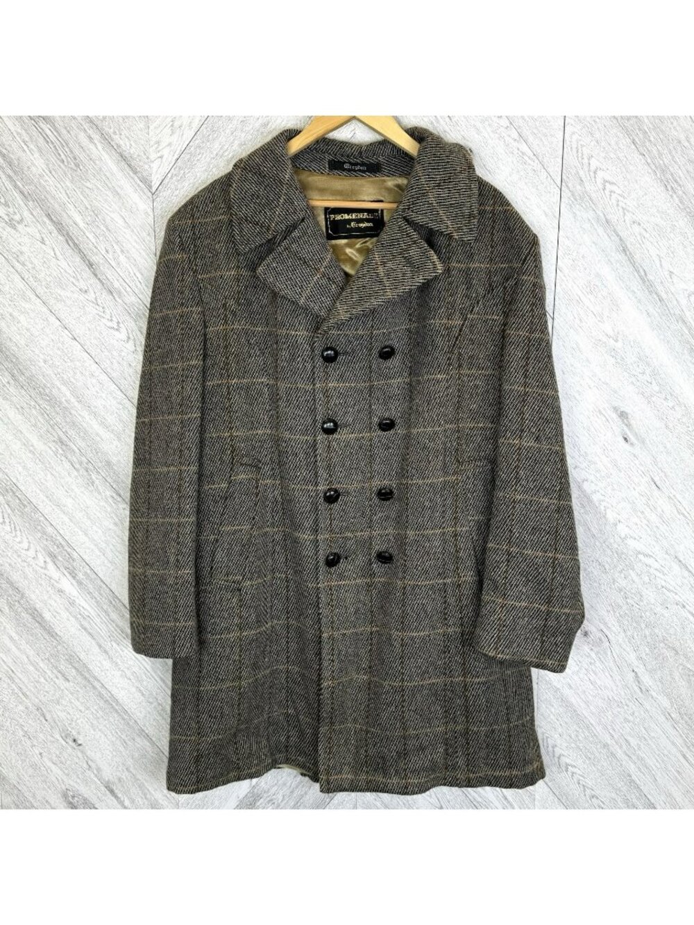 VTG 60s Croydon Promenade Tweed Wool Overcoat Mens L Double Breasted Windowpane